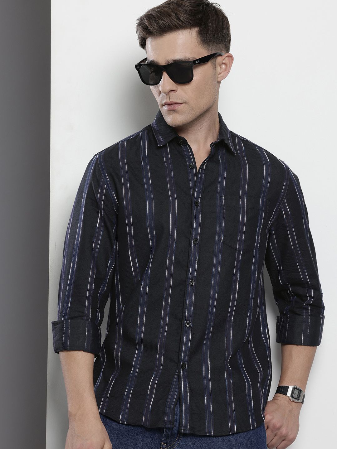 The Indian Garage Co Men Purple Slim Fit Striped Dobby Casual Shirt