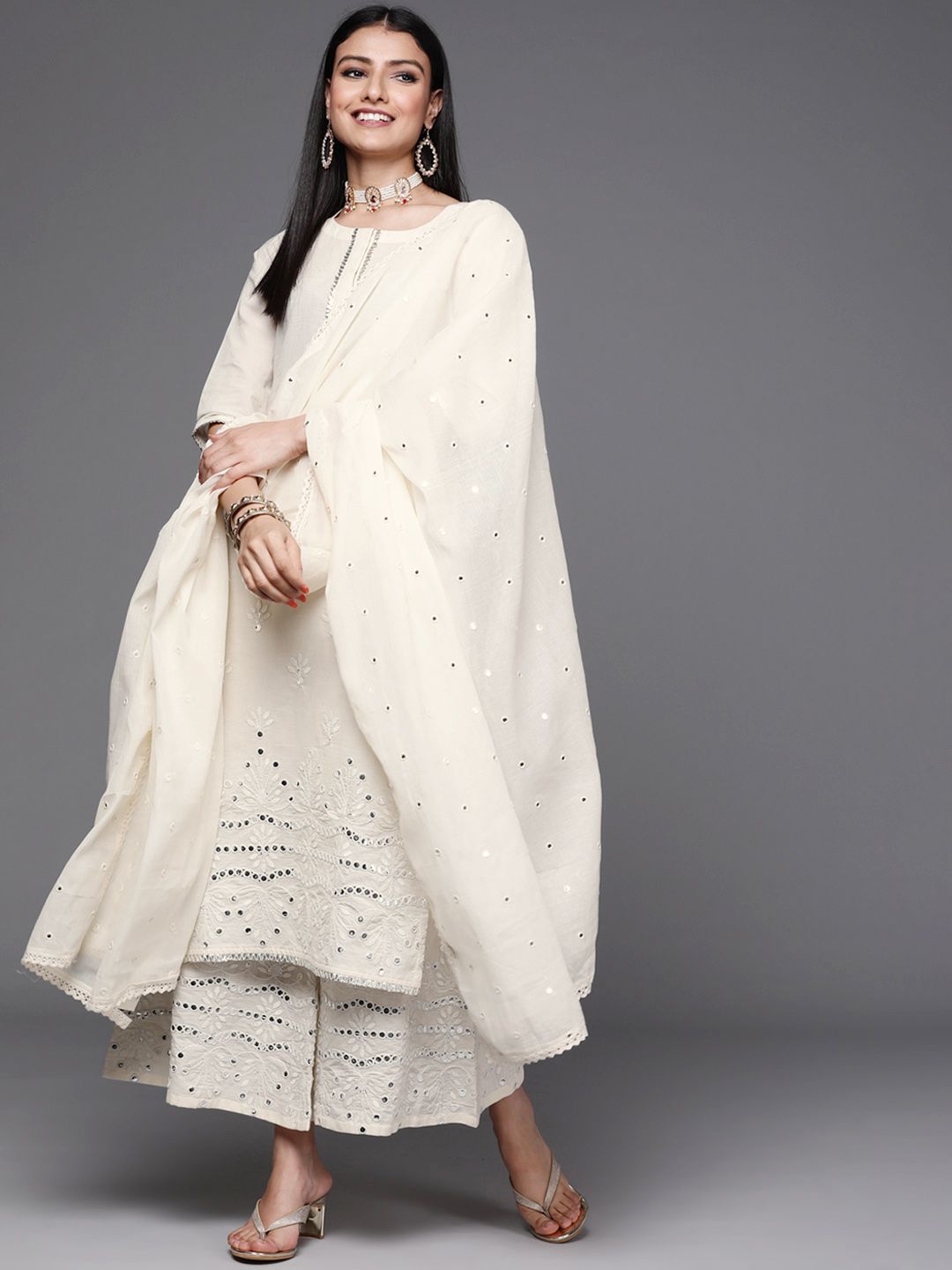 Libas Women Off White  Floral Mirror detail Cotton Straight Kurta & Palazzos with Dupatta