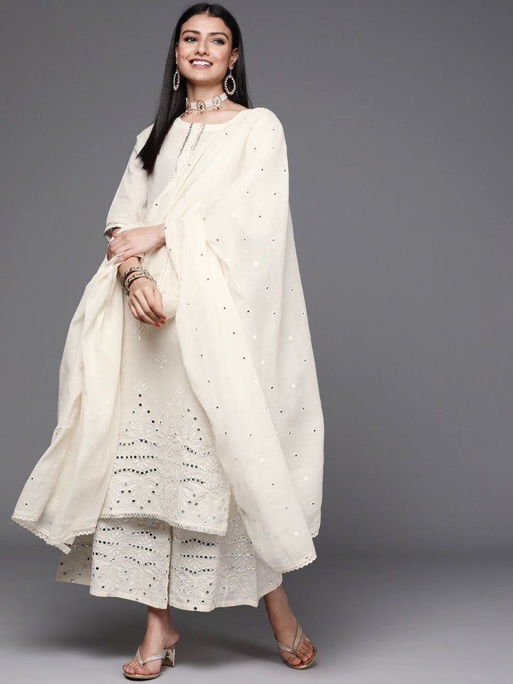 Libas Women Off White  Floral Mirror detail Cotton Straight Kurta & Palazzos with Dupatta