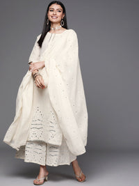 Libas Women Off White  Floral Mirror detail Cotton Straight Kurta & Palazzos with Dupatta