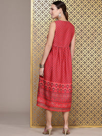 House of Pataudi Floral Printed Sequinned Detailed V-Neck A-Line Midi Jashn Dress
