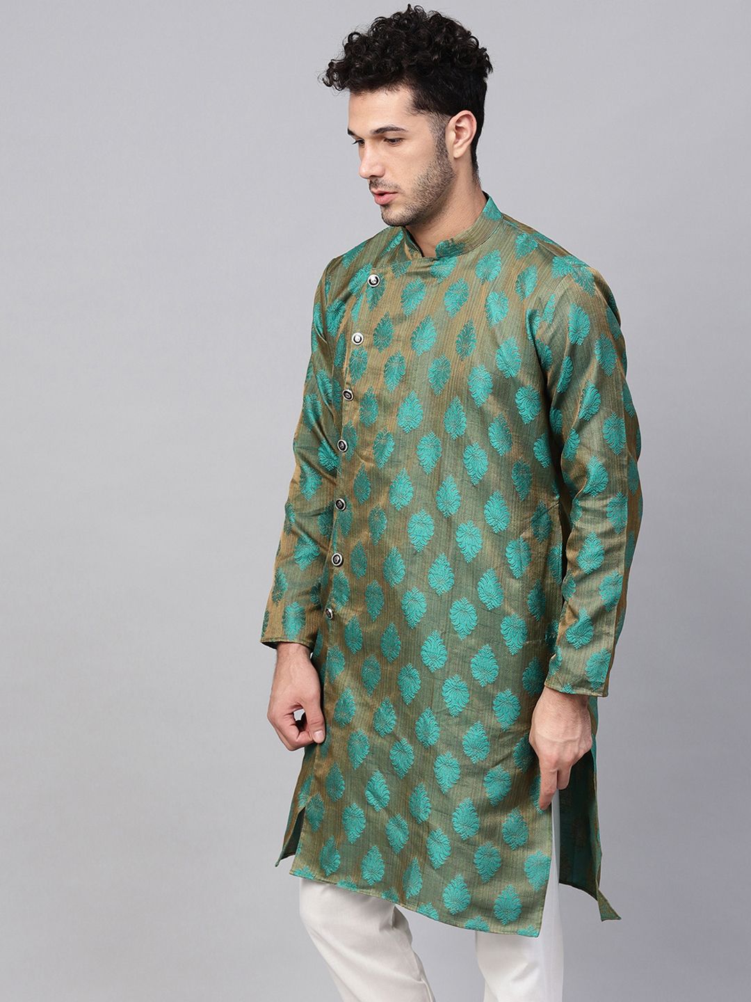 SOJANYA Men Bronze-Toned & Green Woven Design Jacquard Silk Straight Kurta