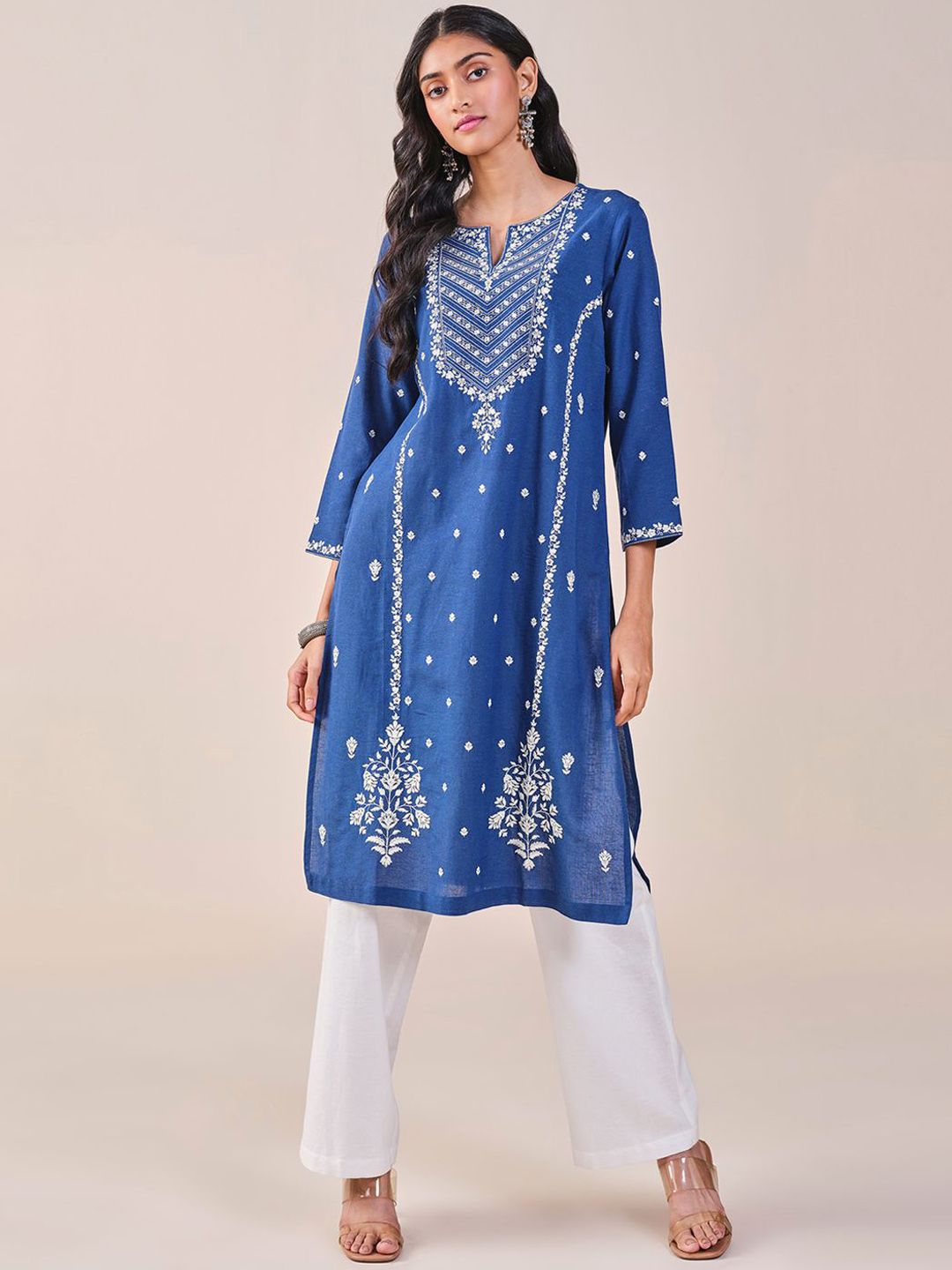 Global Desi Floral Embroidered Notched Neck Straight Kurta