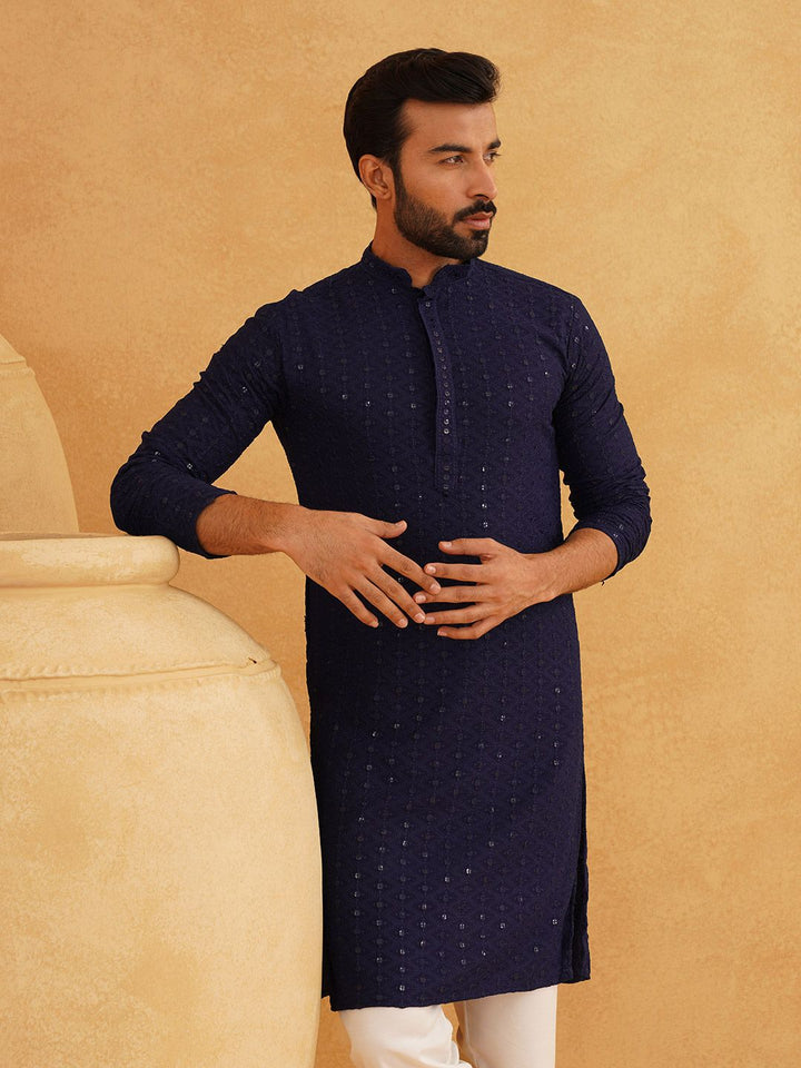 SOJANYA Geometric Embroidered Mandarin Collar Sequinned Pure Cotton Kurta with Churidar