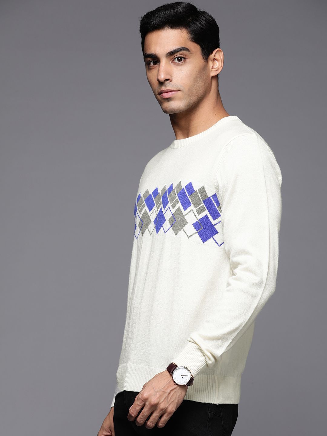 Raymond Men Off White & Blue Geometric Sweater