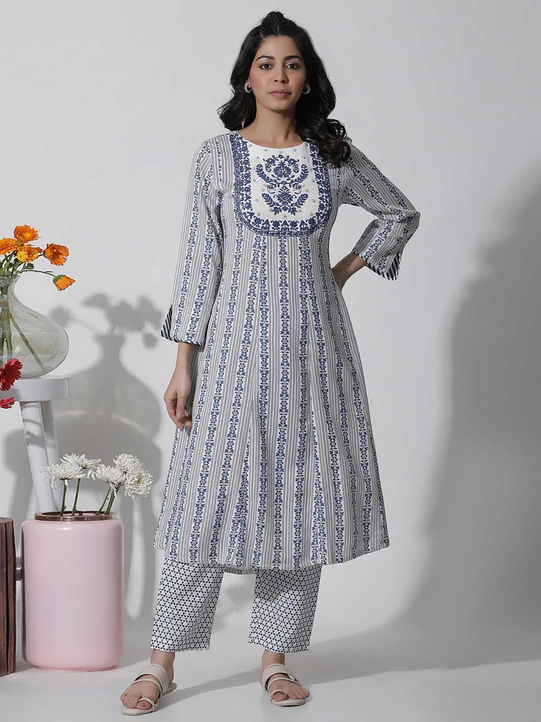 W Blue Ethnic Motifs Printed Mirror Work Kurta