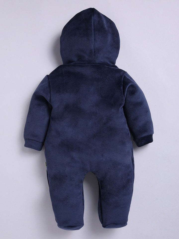 Moms Love Infant Boys Pure Cotton Velvet Finish Hooded Sleepsuit