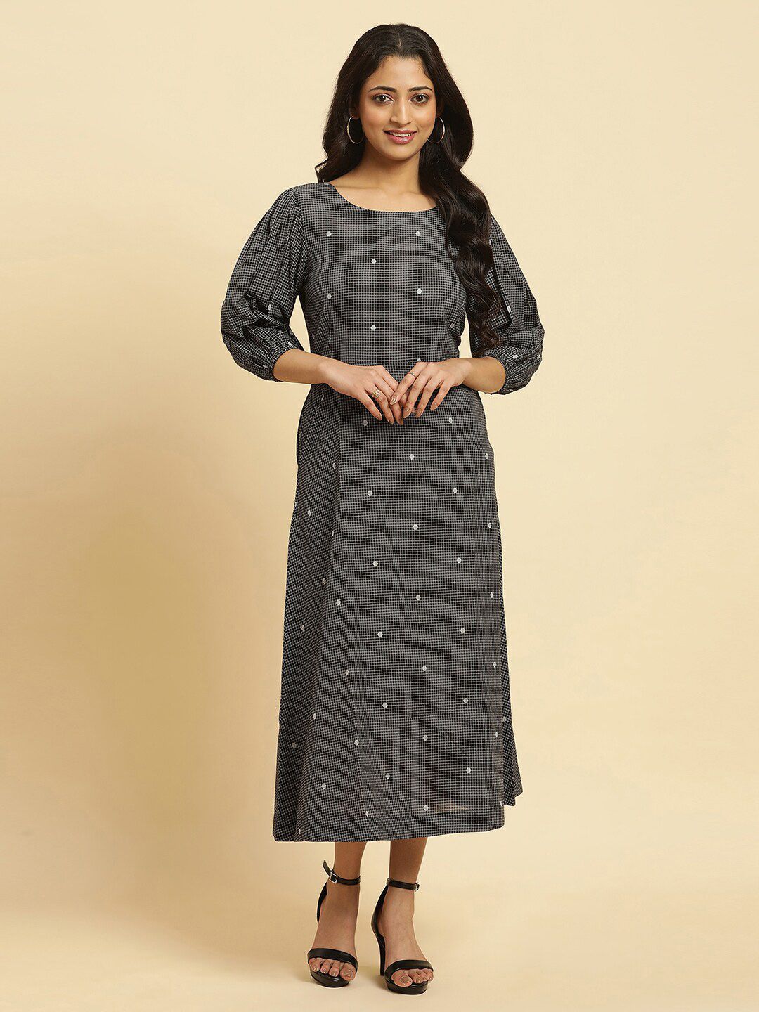 W Checked Puff Sleeves A-Line Pure Cotton Midi Dress