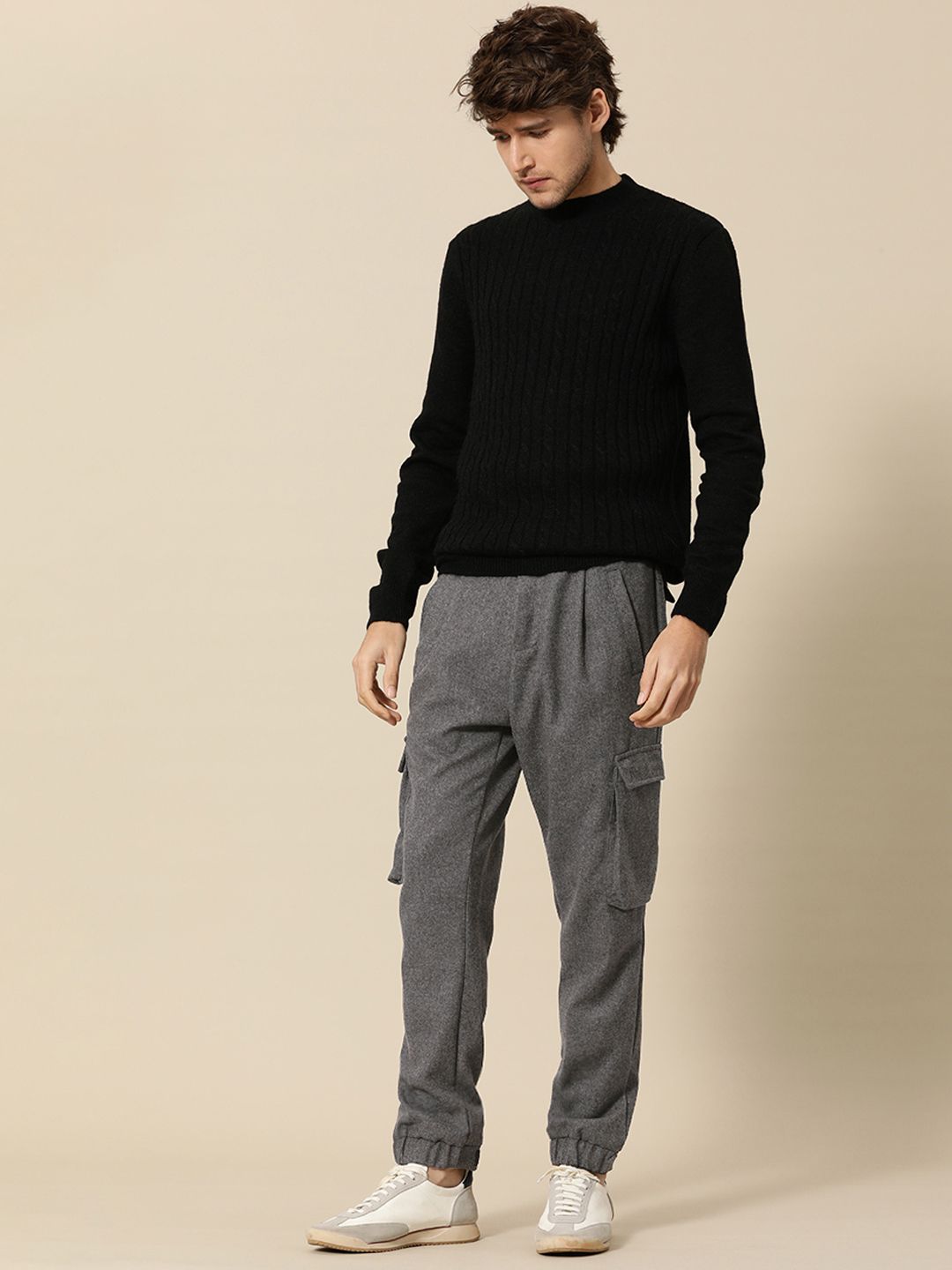 Mr Bowerbird Men Charcoal Frey Liberal Fit Solid Pleated Tweed Cargos