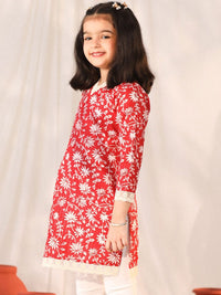 VASTRAMAY Girls Floral Printed V-Neck Cotton Kurta