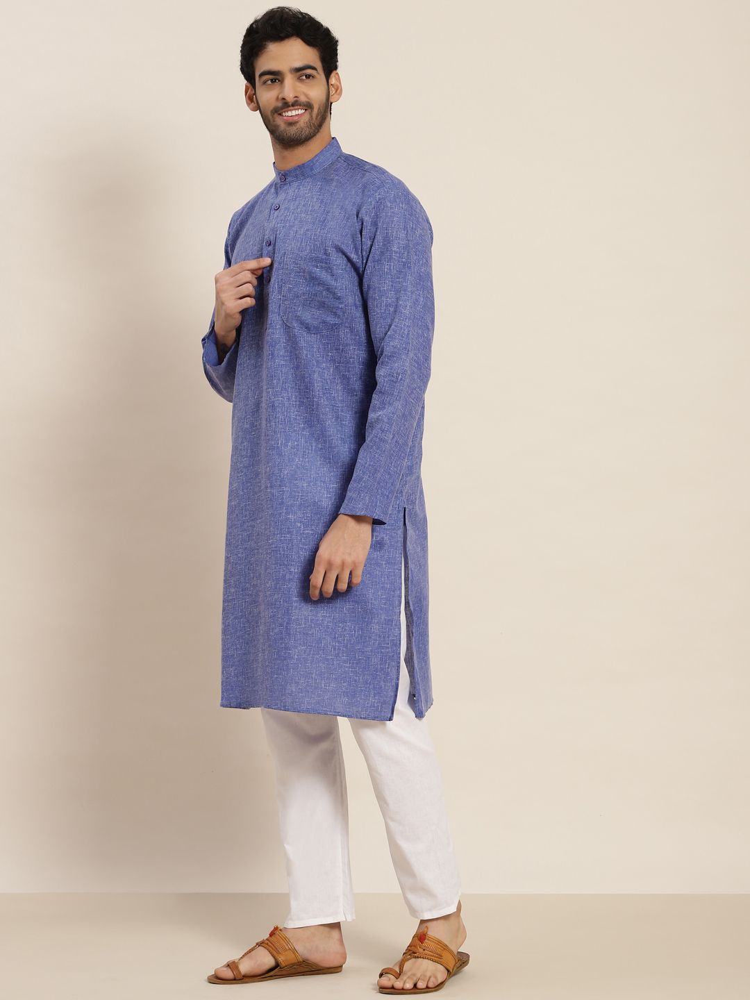 SOJANYA Lelaki Blue Dobby Cotton-Linen Kurta