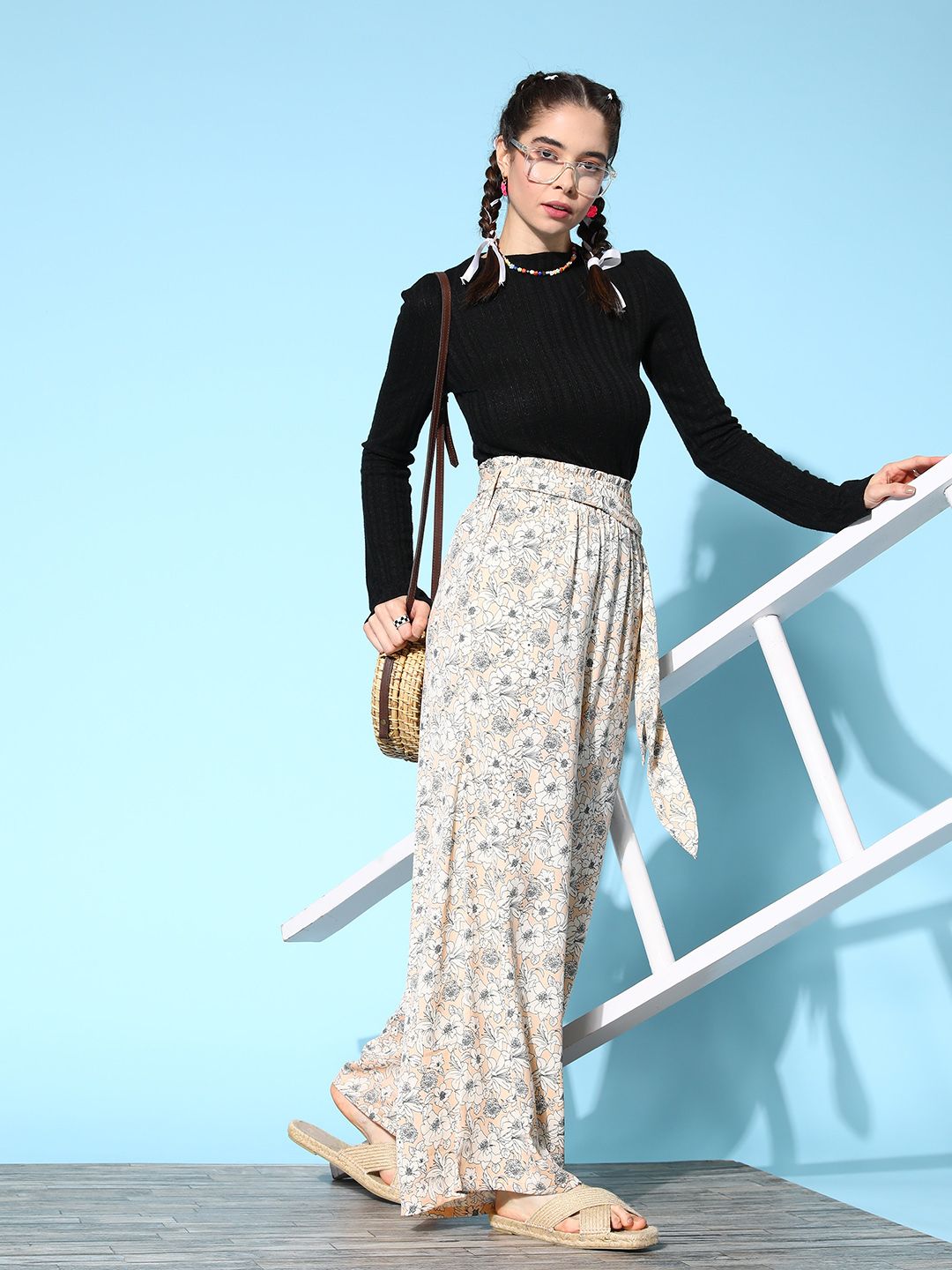Berrylush Women Beige & White Floral Printed Relaxed Flared High-Rise Trousers