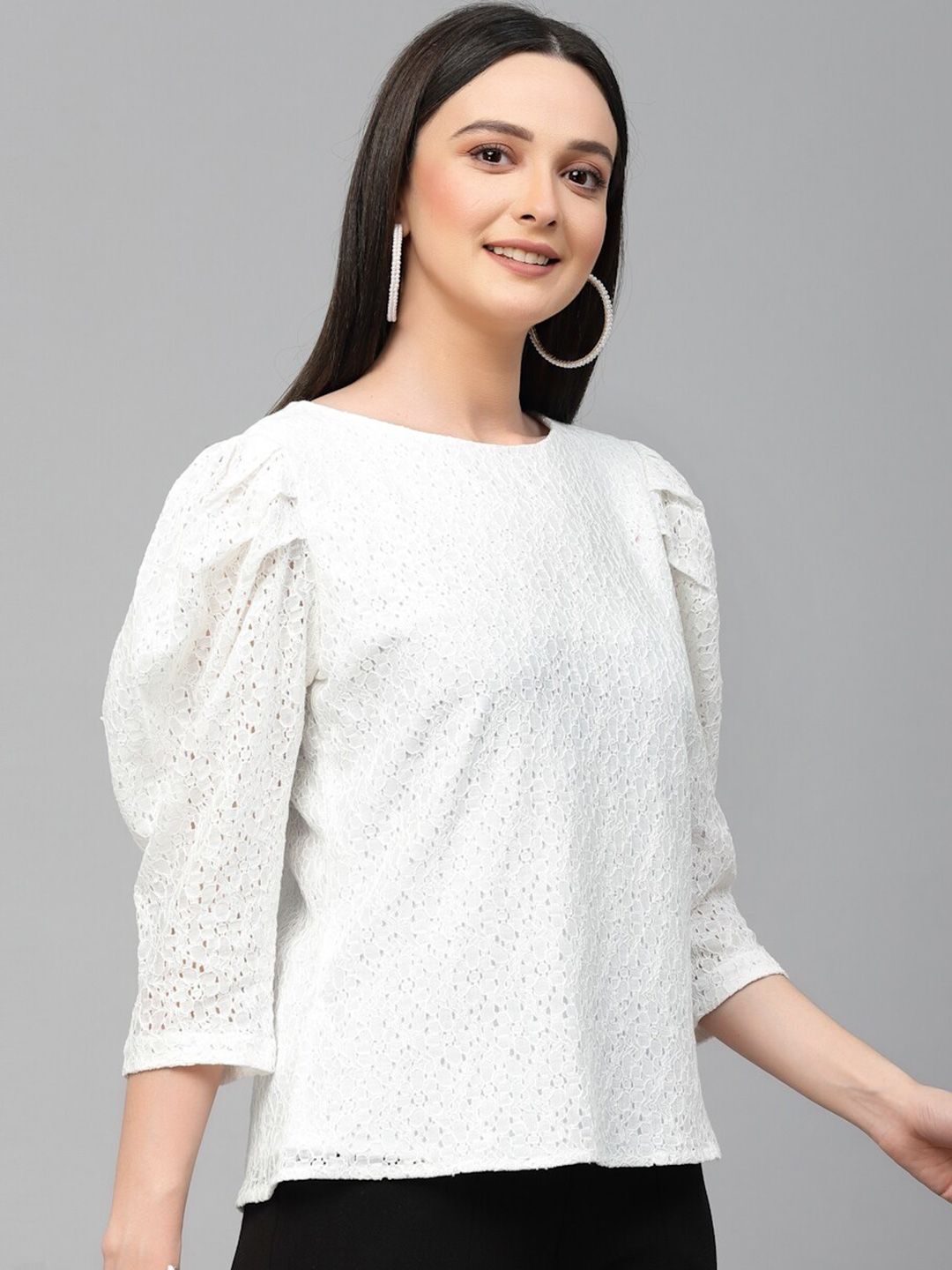 style quotient women Schiffli Puff Sleeve Cotton Regular Top