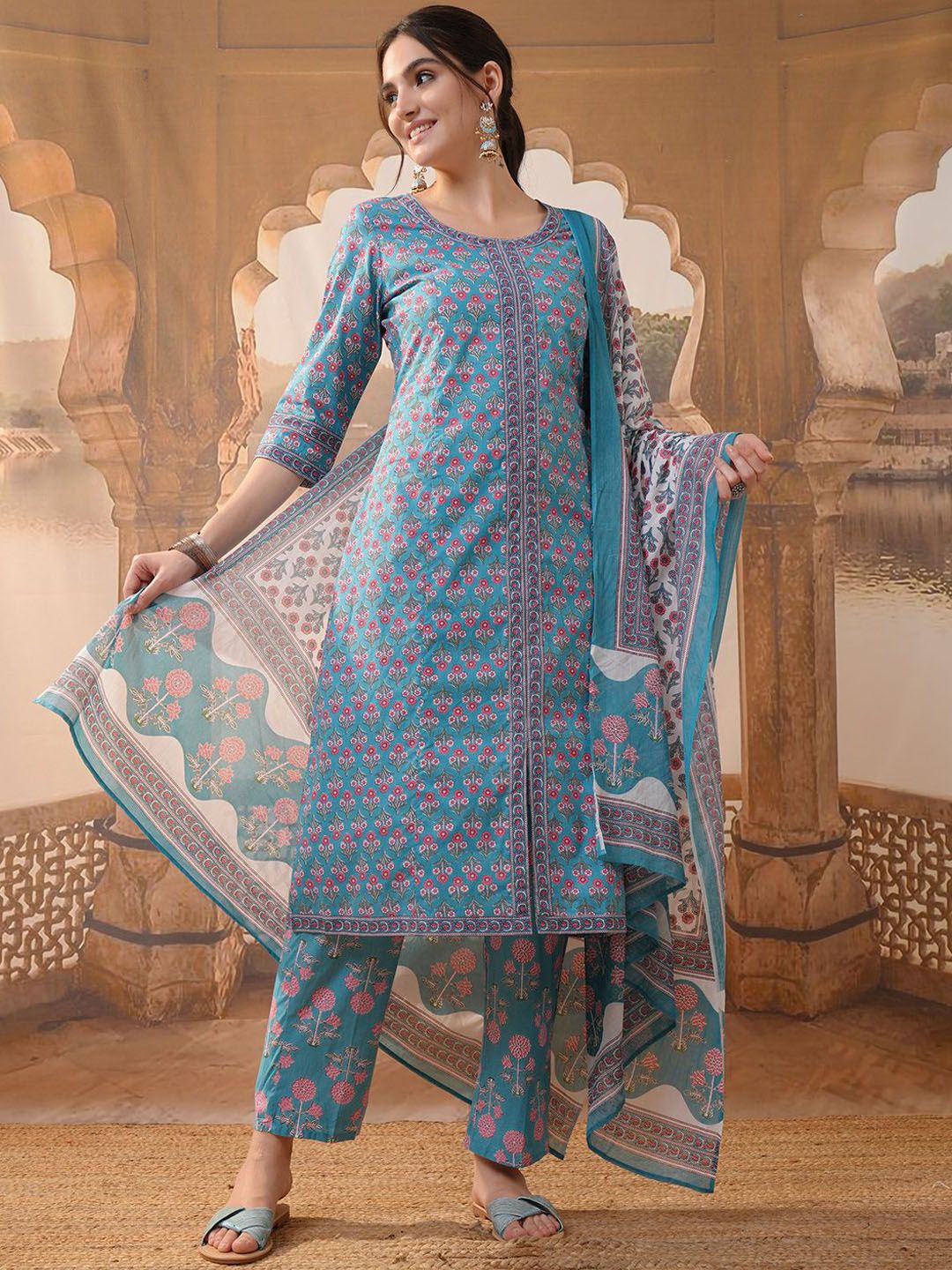 Vishudh Floral Printed Round Neck Three-Quarter Sleeves Pure Cotton Kurta Set