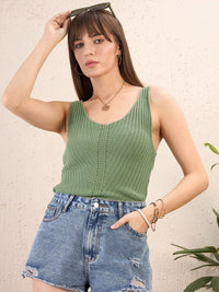 SASSAFRAS Self Design Scoop Neck Sleeveless Crochet Top