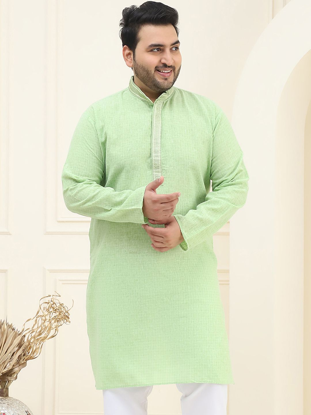 SOJANYA PLUS Size Men Green Solid Pastels Pure Cotton Kurta