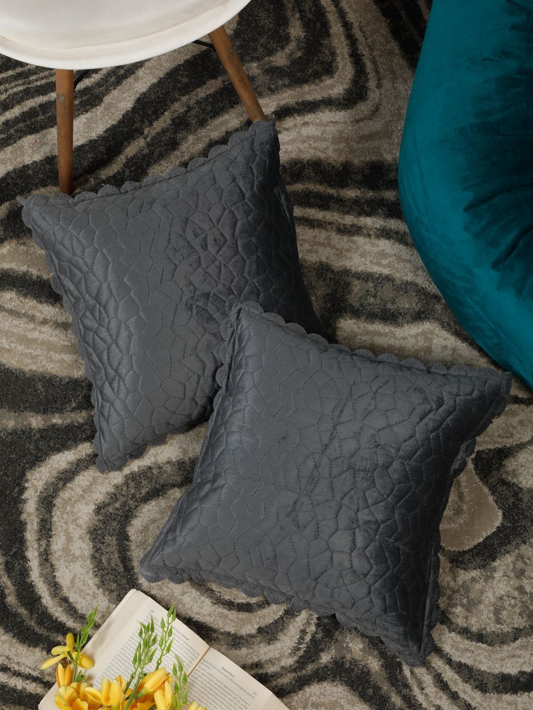 HOSTA HOMES Grey Set of 2 Geometric Velvet Square Cushion Covers