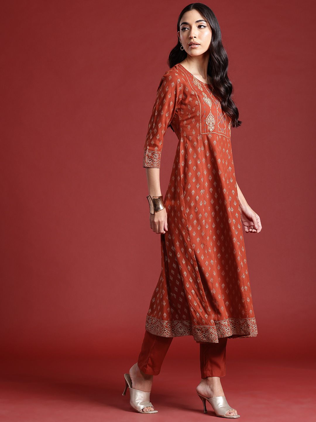 Anouk Women Ethnic Motifs Printed Pleated Kurta with Trousers & Dupatta