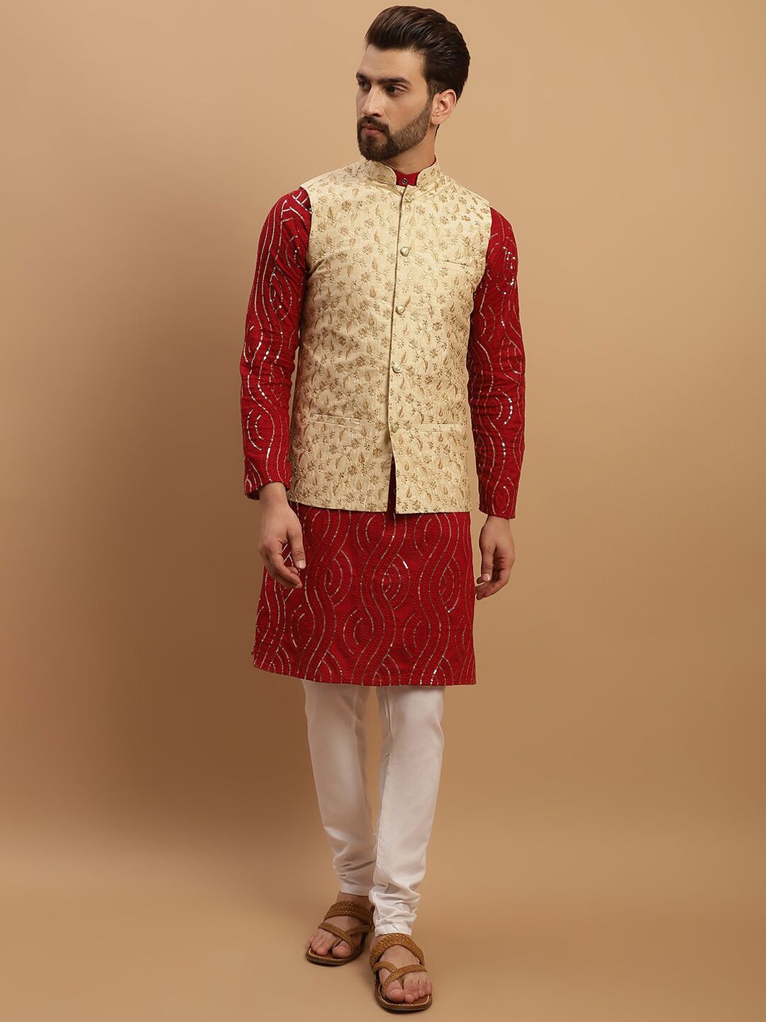 SOJANYA Embroidered Sequinned Pure Cotton Kurta with Churidar & Embroidered Nehru Jacket