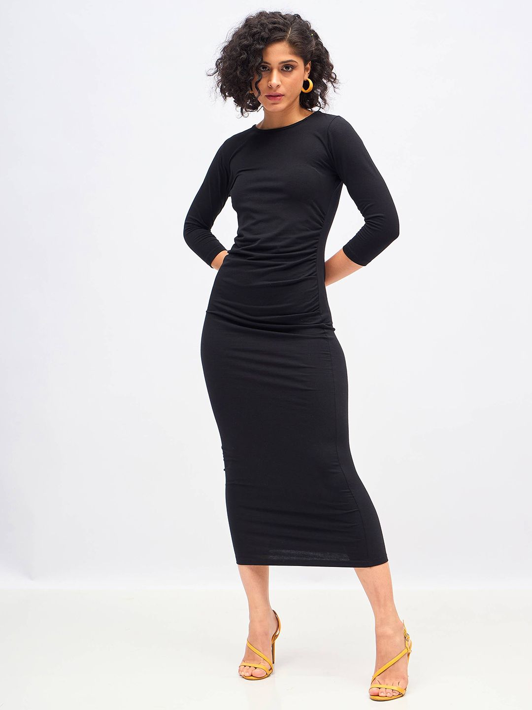 SASSAFRAS Black Waist Ruched Bodycon Midi Dress