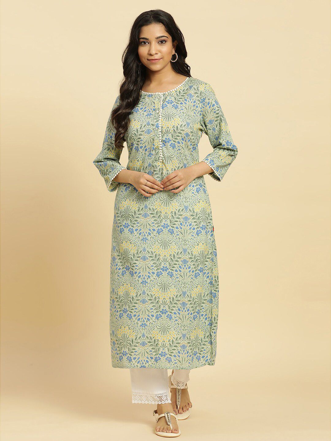 W Green Floral Printed Keyhole Neck Gotta Patti Cotton A-Line Kurta