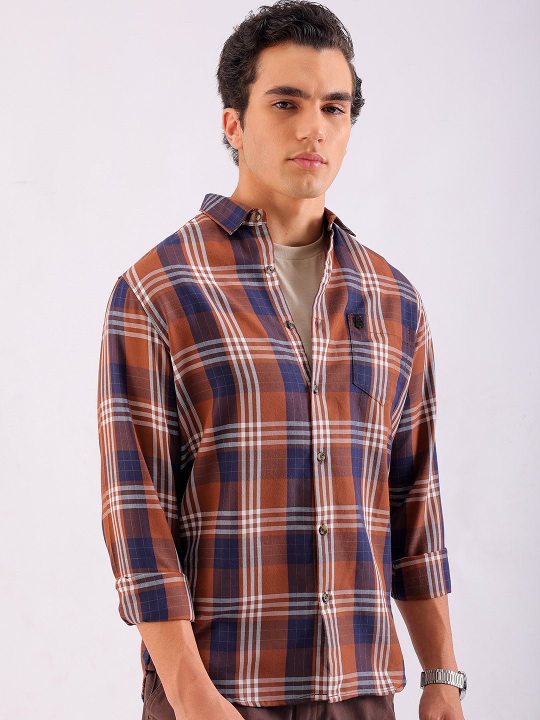 The Indian Garage Co Men Brown & White Tartan Checked Casual Shirt