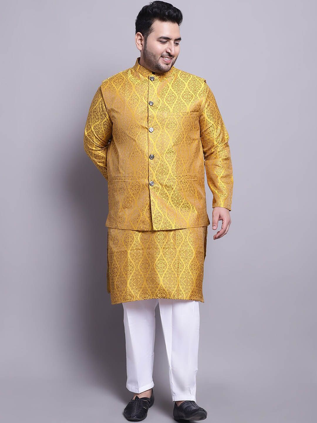 SOJANYA PLUS Ethnic Woven Design Regular Straight Kurta & Pyjamas With Nehru Jacket