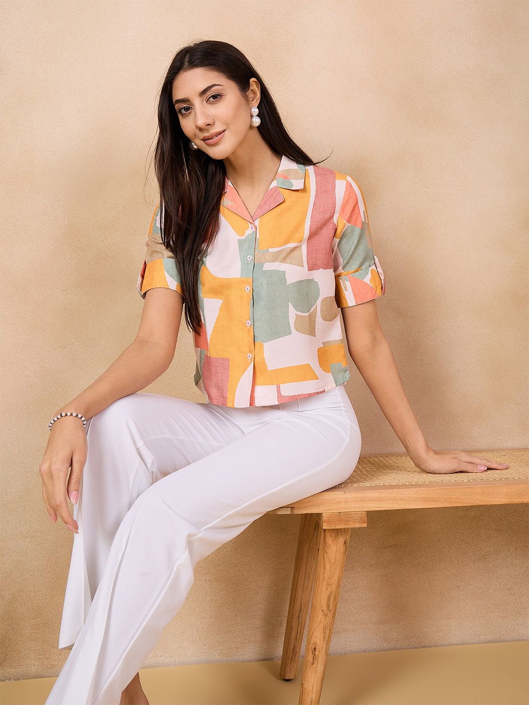 Anouk Geometric Print Roll-Up Sleeves Cotton Shirt Style Top