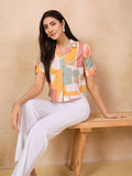 Anouk Geometric Print Roll-Up Sleeves Cotton Shirt Style Top