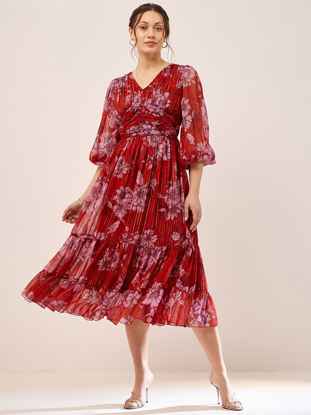 Antheaa Red Floral Printed Puff Sleeves Gathered Tiered Fit & Flare Midi Dress
