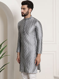 SOJANYA Men Charcoal Grey & White Woven Design Straight Kurta