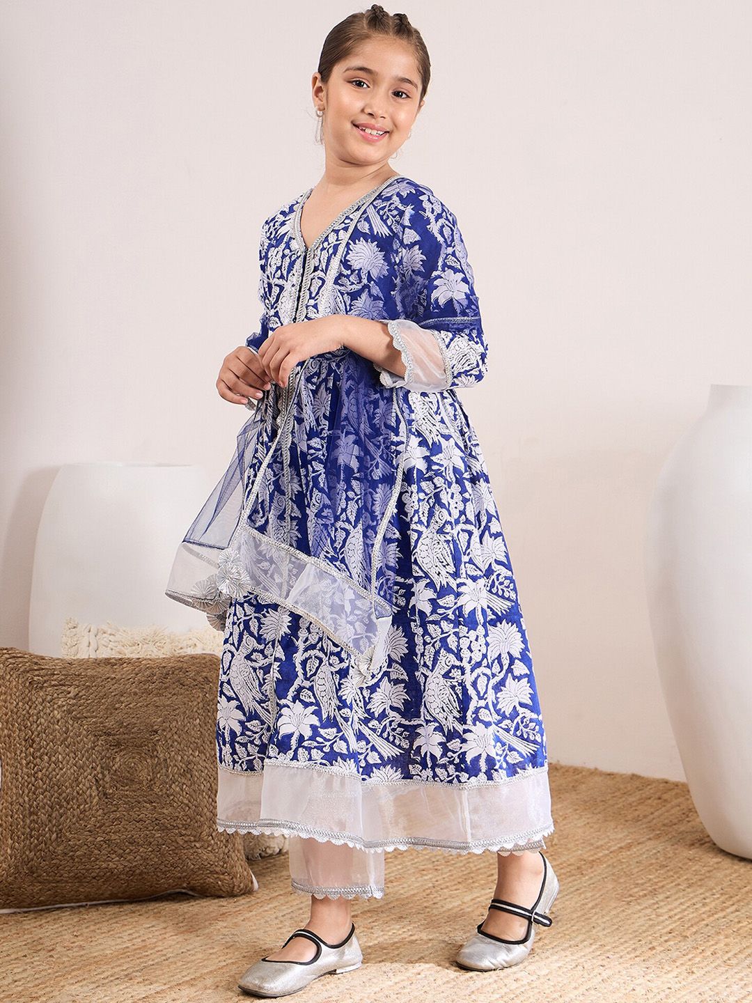 pspeaches Girls Ethnic Motifs Printed Pure Cotton Kurta & Palazzos With Dupatta
