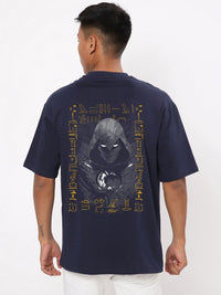 Bewakoof Men Navy Blue Printed Pure Cotton Oversized T-shirt
