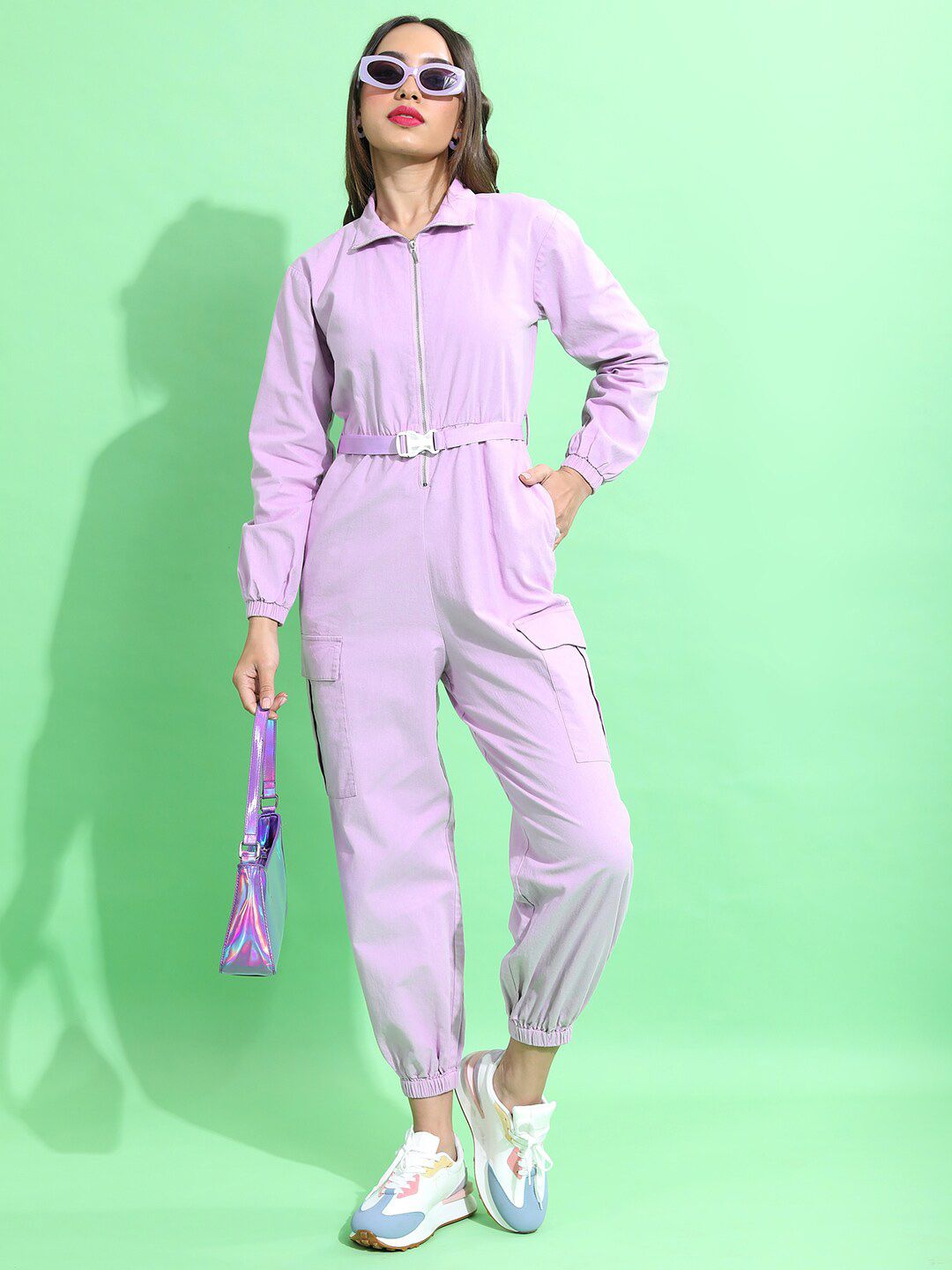 Tokyo Talkies Lavender Shirt Collar Basic Jumpsuit