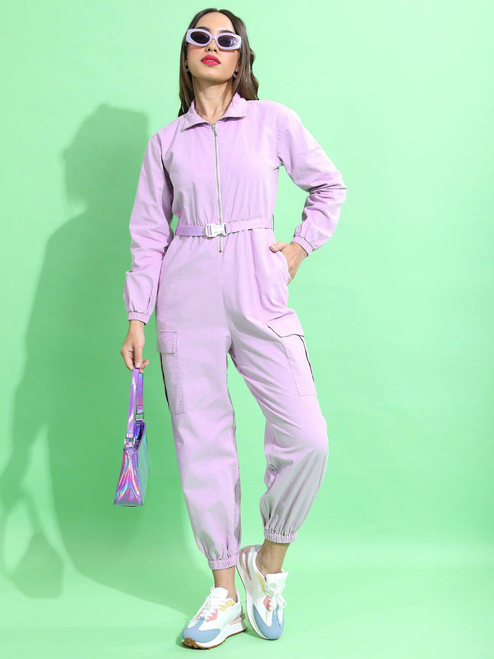 Tokyo Talkies Lavender Shirt Collar Basic Jumpsuit