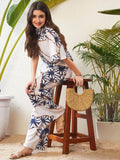 SASSAFRAS White Abstract Printed High Neck Top With Palazzos