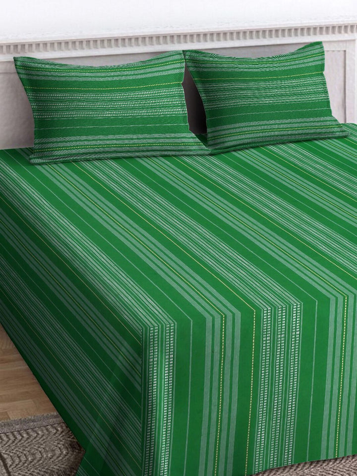 KLOTTHE Green Striped Cotton 400 TC Double King Bedsheet Set