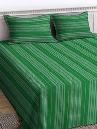 KLOTTHE Green Striped Cotton 400 TC Double King Bedsheet Set