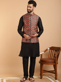 SOJANYA Kurta Lelaki Hitam & Biru Laut dengan Jaket Churidar & Nehru Bercetak
