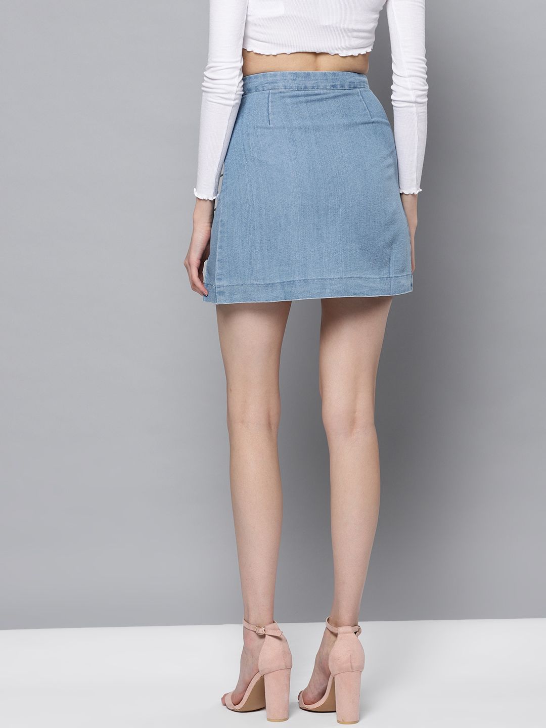 STREET 9 Blue Denim Pleated Mini A-Line Pure Cotton Skirt