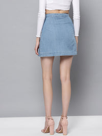 STREET 9 Blue Denim Pleated Mini A-Line Pure Cotton Skirt