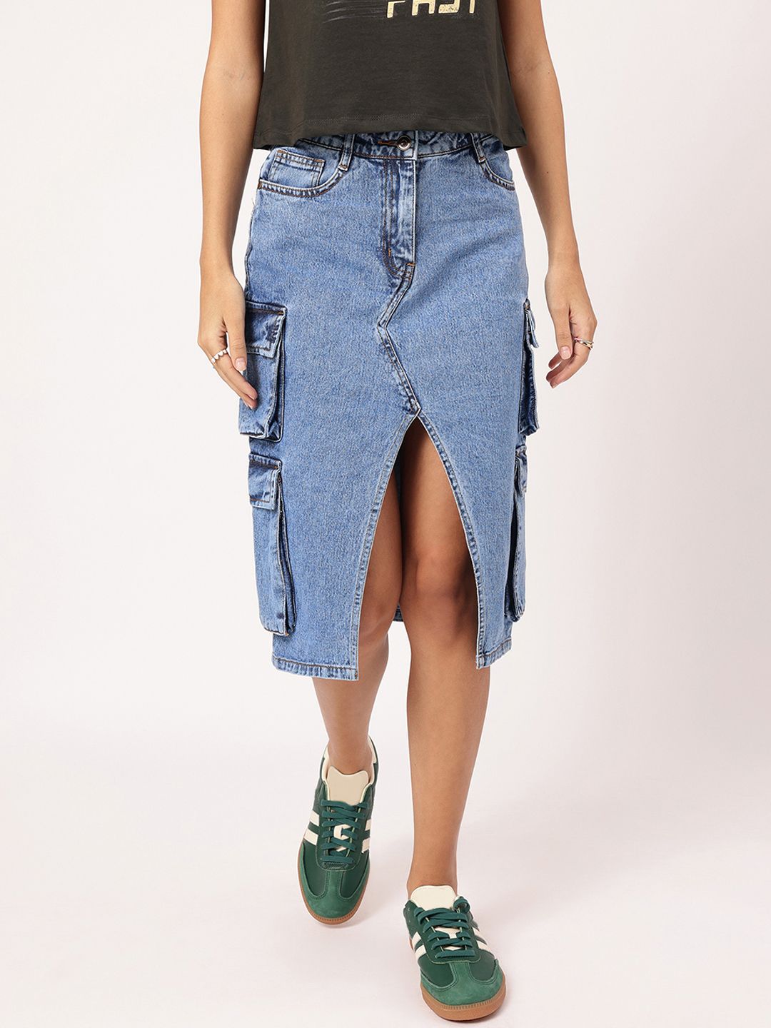 DressBerry Urban Edge Front Slit Cargo-Style Denim Midi Skirt