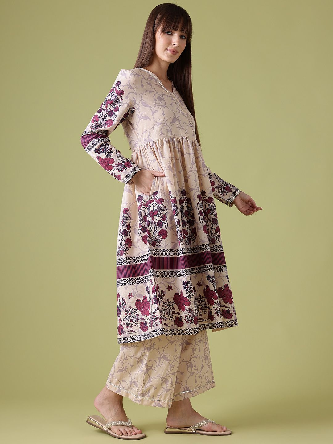 Anouk Printed Gotta Patti Cotton Angrakha Kurta with Palazzos & With Dupatta