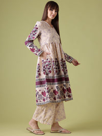 Anouk Printed Gotta Patti Cotton Angrakha Kurta with Palazzos & With Dupatta