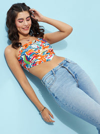 Berrylush White & Blue Abstract Printed Fitted Crop Top