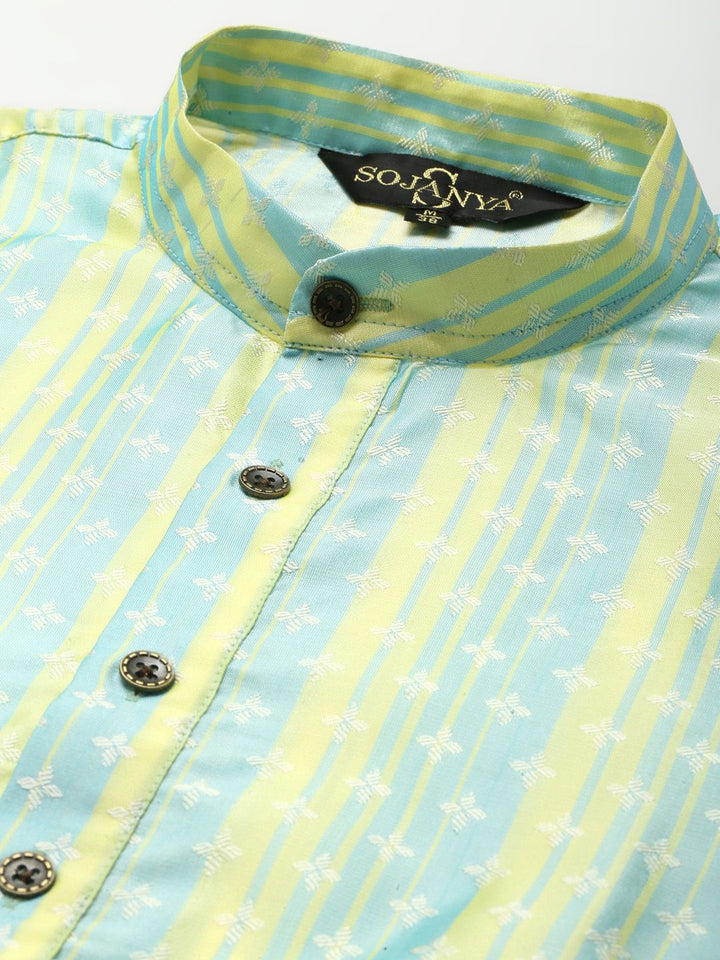 SOJANYA Kurta Motif Etnik Hijau & Kuning Lelaki
