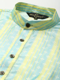SOJANYA Kurta Motif Etnik Hijau & Kuning Lelaki