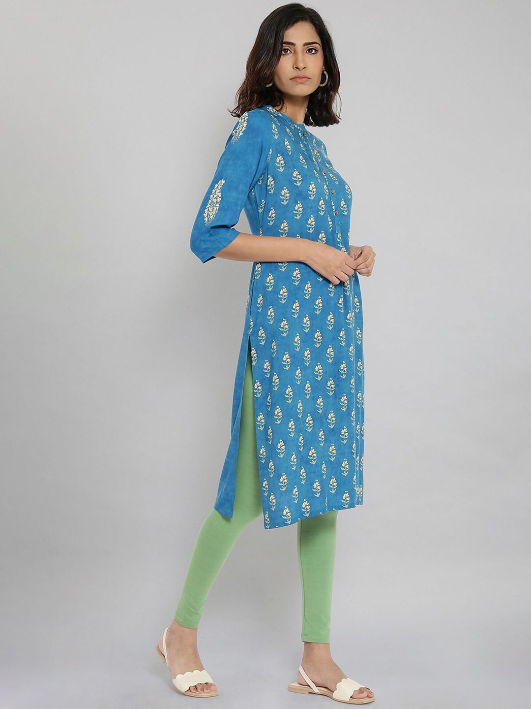 W Women Blue Ethnic Motifs  printed Thread Work Kurta