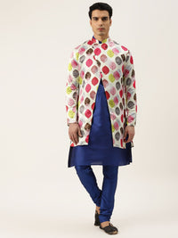 SOJANYA Men Navy Blue Solid Kurta Set With Printed Jacket