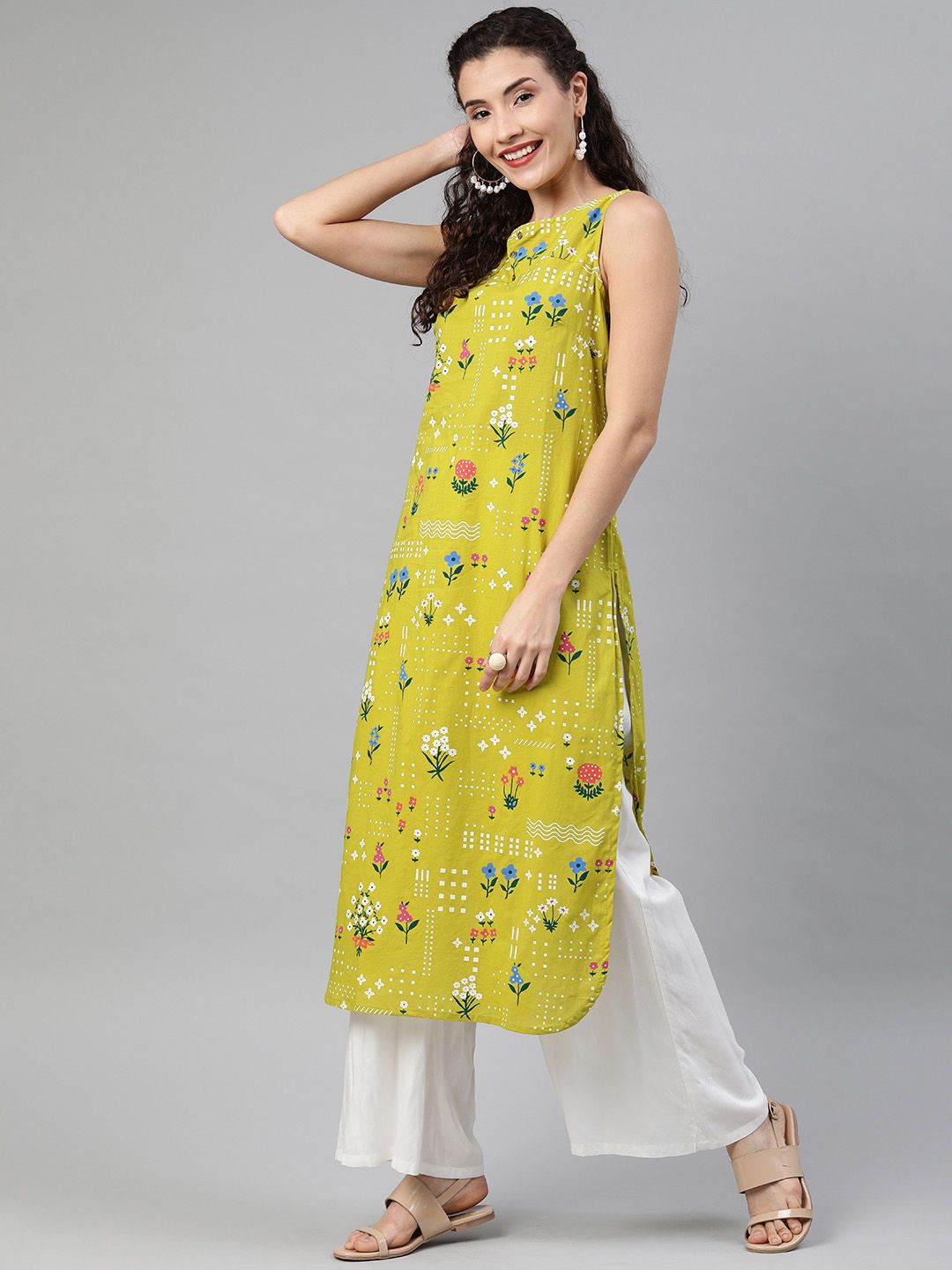 Anouk Women Green & White Floral Printed Boat Neck Straight Kurta